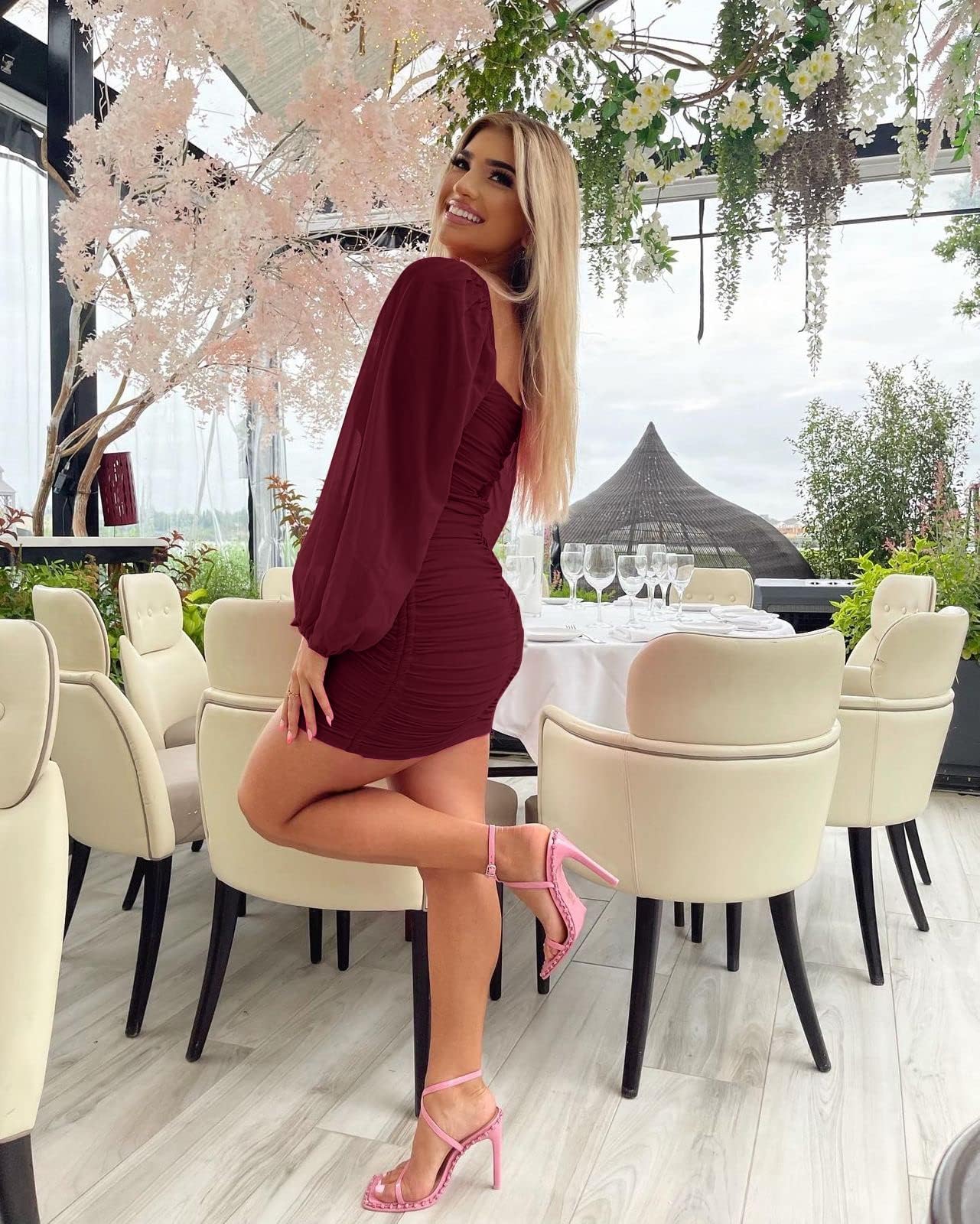 Ofenbuy Women's Mesh Long Sleeve Dress Square Neck Ruched Mini Bodycon Dress Stretch Party Cocktail Dresses Wine Red