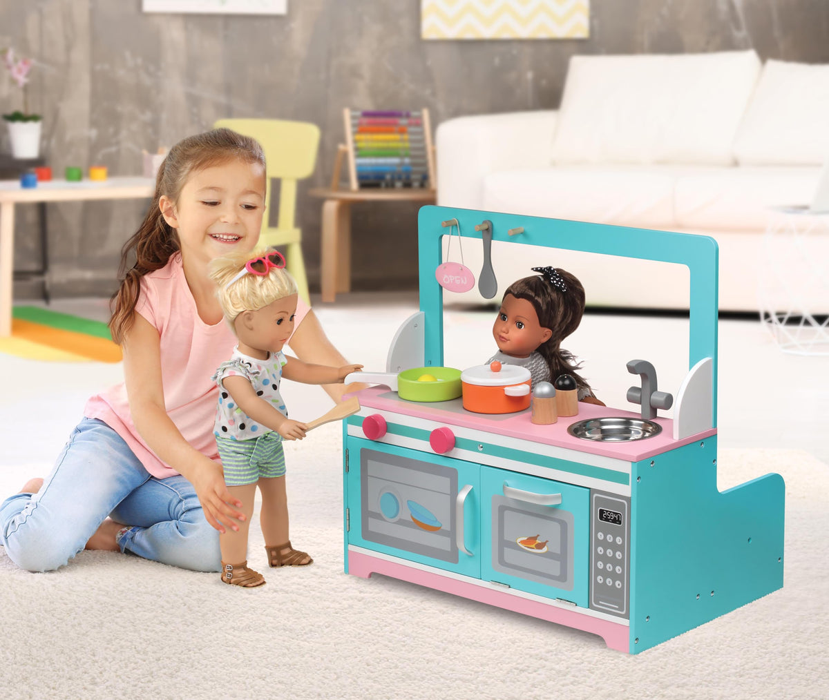 Badger Basket Double-Sided Retro Diner and Kitchen Doll Playset with Realistic Accessories for 18 to 20-Inch Dolls
