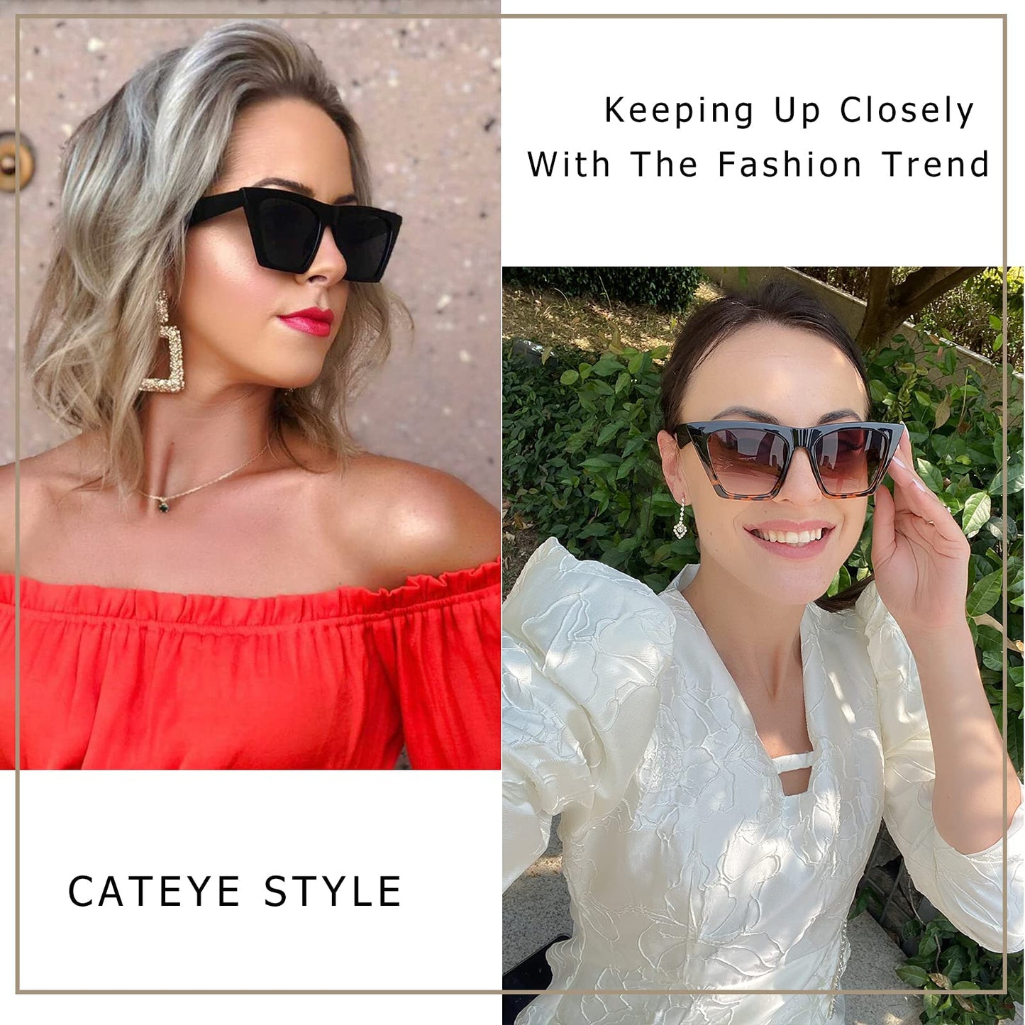 FEISEDY Cat Eye Sunglasses for Women - UV400 Protection Rerto Sqaure Cateye Womens Sun Glasses B2473