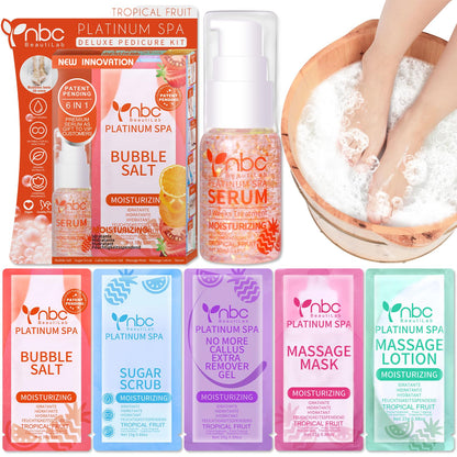 Pedicure Kit Foot Soak Set: Bubble Salt, Sugar Scrub, Massage Mask, Massage Lotion in a Box, 4 Step Foot Spa Kit for Dry Feet,Tired Feet（3 Set Tropical Fruit)