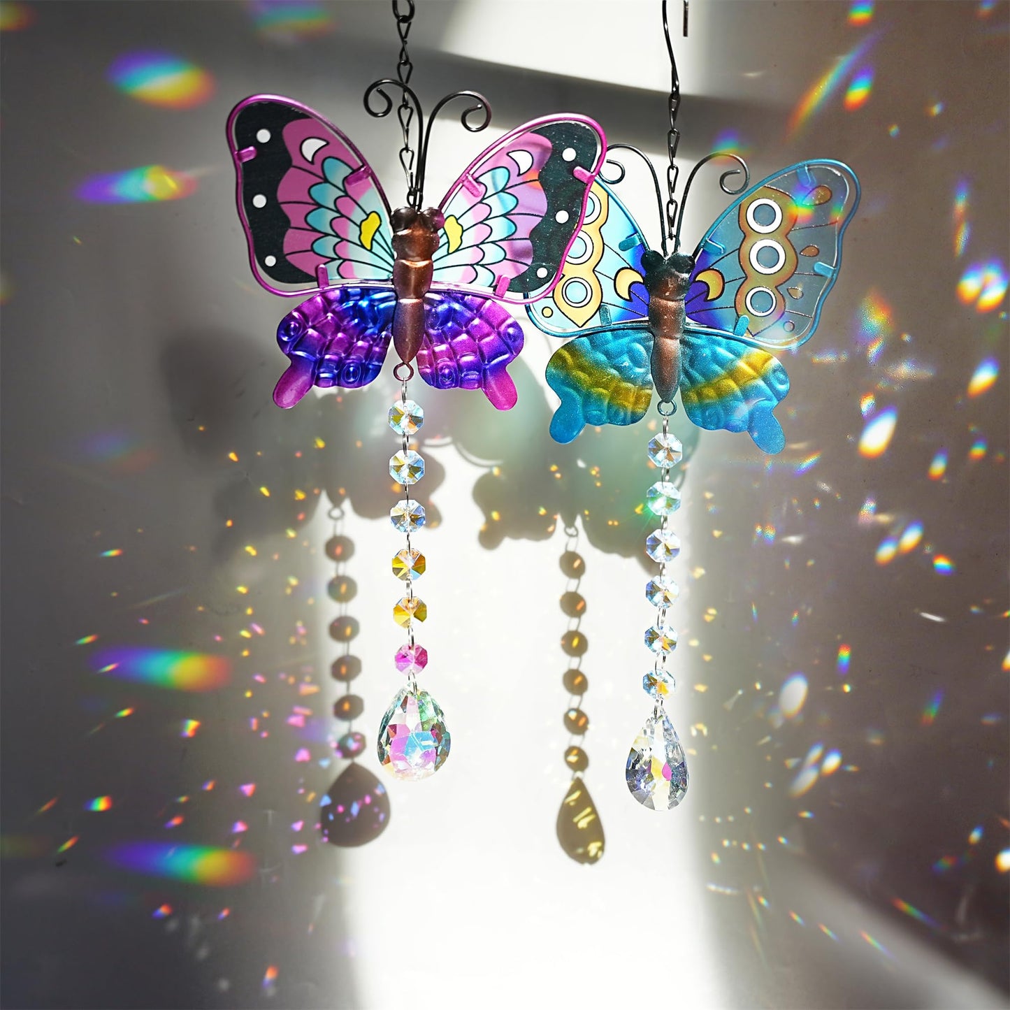 Set 2 Metal Butterfly Suncatchers for Windows - 14" Outdoor Fence Wall Art Decor, Rainbow Prisms Sun Catchers with Crystals Hanging for Home Garden Ornament for Christmas Tree