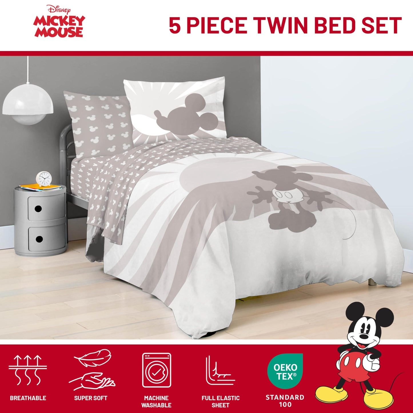 Jay Franco Disney Mickey Mouse Twin Size Comforter Set - 5 Piece Bedding Includes Sheet Set & Pillow Covers - Super Soft Cozy Bedding