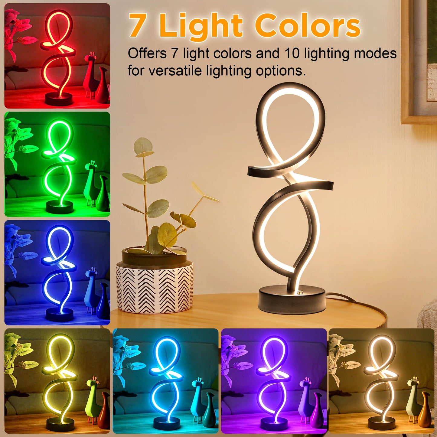 Mayful RGB Modern Table Lamp with 15W LED Spiral Spiral Design, Black Nightstand Lamp & Small Bedside Lamp, Touch Dimmable with 7 Colors & 10 Modes for Bedroom, Living Room, Office