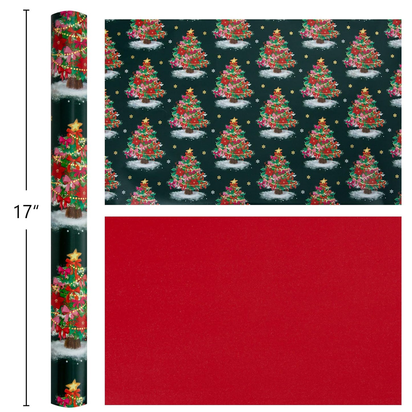 Burymento Christmas Wrapping Paper, Reversible Green Christmas Tree with Red Bow Design Gift Wrapping Paper Suitable for Holiday, Mini Roll (17 Inch X 32.8 Feet)