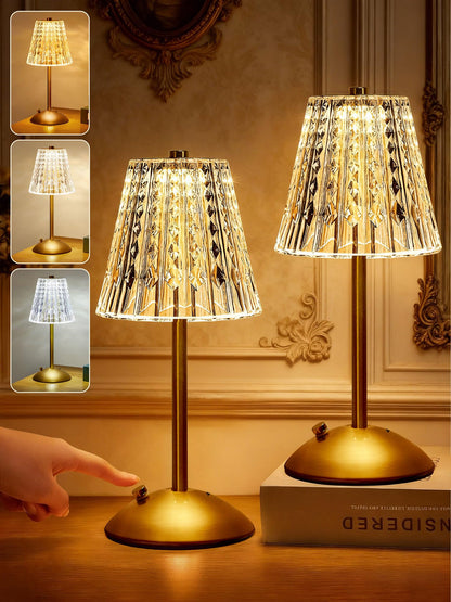 Upgraded Nightstand Lamps Set of 2, 3 Colors Dimmable Crystal Table Lamp Gold Lamp, Touch Lamp Bedroom Lamps, Rechargeable Small Lamp, Bedside Lamps Set of 2 for Bedroom Living Room Bathroom Hotel Bar