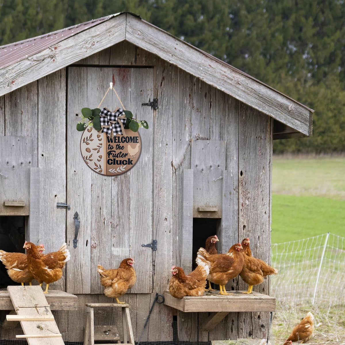 CHDITB Funny Chicken Wooden Sign, Rustic Farmhouse Wall Art Plaque, Chicken Coop Barnyard Hanging, Hen House Coop Round Sign,Welcome To The Fuster Cluck Door Hanger For Porch Outdoor Country Home Decor