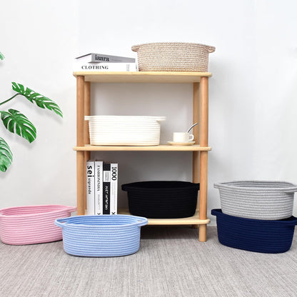ABenkle Small Basket with Handles, Boho Decorative Rope Woven Dog Cat Toy Storage Bin Shelf Storage Organizer, Easter Christmas Gift Basket, 12"x8"x5", White