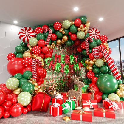 ADOINBY Christmas Balloon Arch Kit, 174Pcs Red Green Gold Latex Balloon with Candy Cane MERRY CHRISTMAS Letter Gift Box Red Candy Foil Balloon Garland Kit for Xmas Christmas Lollipop Party Decorations
