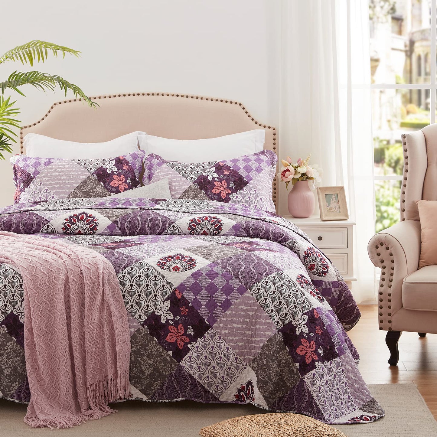 Full/Queen Size Quilt Set 3 Piece Lightweight Reversible Bedspread-90''x98'' Soft Patchwork Floral Coverlet Luxurious Warm Microfiber Bed Cover All Seasons Purple Bedding Set(1 Quilt,2 Pillow Shams)