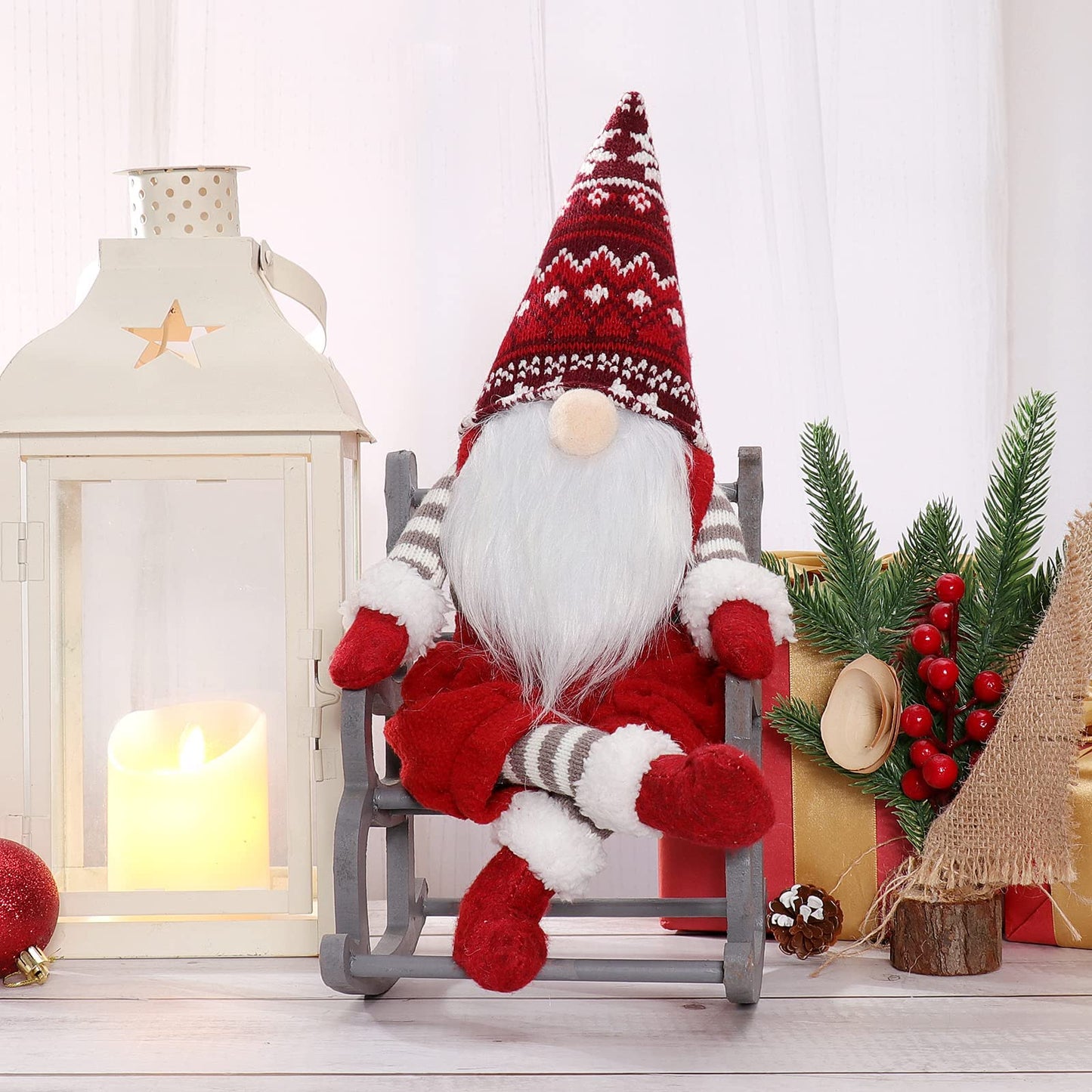 QLEKEY Christmas Gnome Plush with Rocking Chair Handmade Swedish Santa Decor Tomte Decoration Scandinavian Ornaments for Home,Table,Shelf