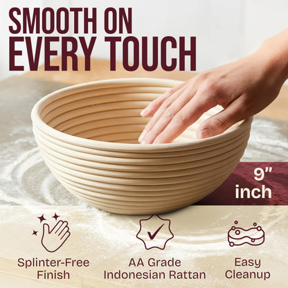 Superbaking 2 pcs Banneton Bread Proofing Basket, 9" Splinter-Free Round Rattan Bread Basket with Liners, Sourdough Starter Kit, Sourdough Bread Baking Supplies & Sourdough Kit, Bread Making Tools