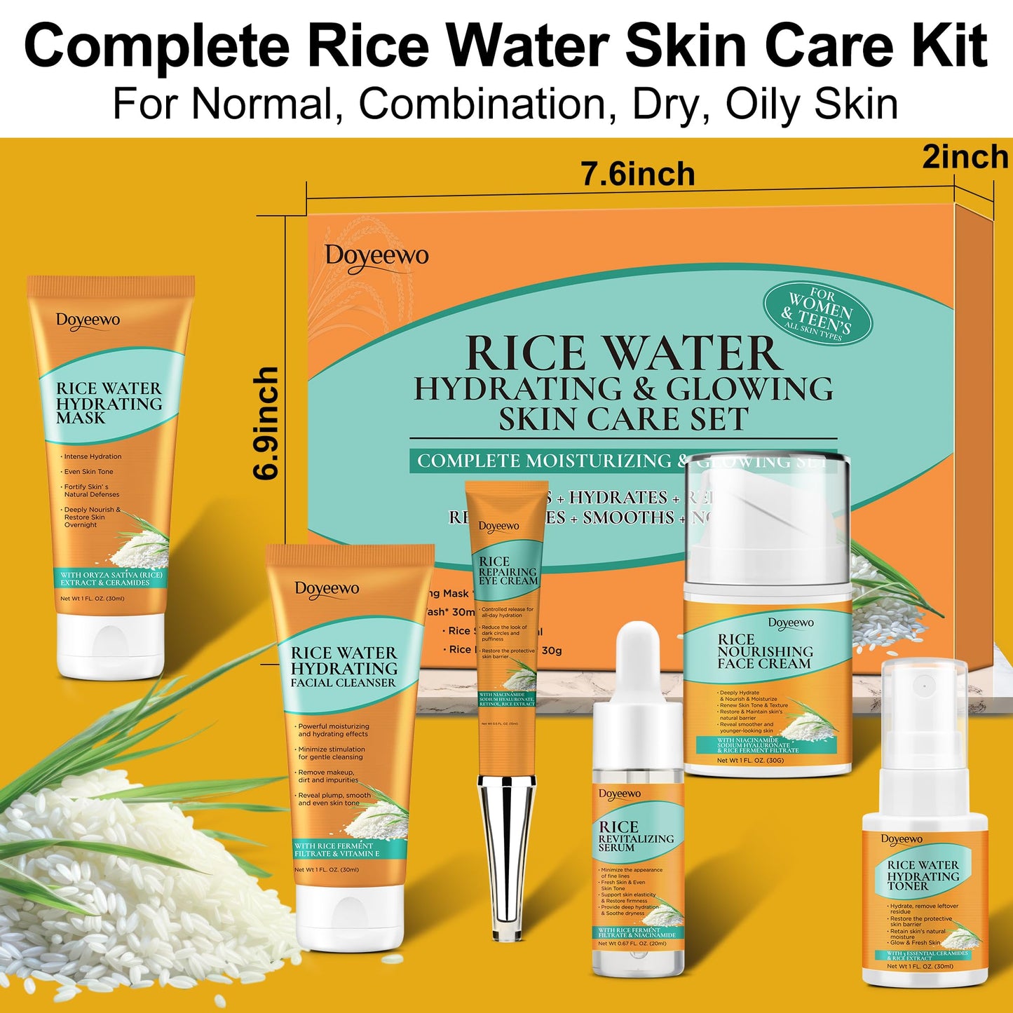 Skin Care Set,6Pcs Women Teen Glass Skincare w/Korean Rice Extract,Hydrate Glow Repair Anti-Aging Facial Routine Kit Gift for Women Mom Wife Teenage Girl Trendy Stuff Christmas Gifts Stocking Stuffers