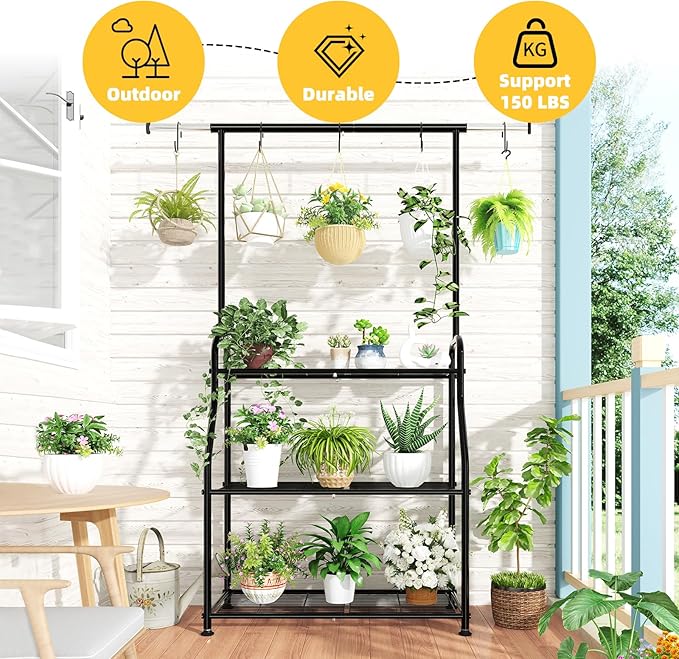 Simple Trending Plant Stand Indoor Outdoor, Heavy Duty Metal 3 Tiered Hanging Plant Shelf for Multiple Flower Planter Holder Tall Large Rack for Living Room Garden Balcony, Black
