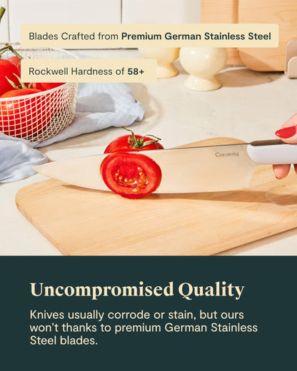 Caraway 14-Piece Kitchen Prep Set - Kitchen Knife Set & Wooden Utensil Set - Made With Premium German Steel Blades & FSC-Certified Birch Wood - Non-Toxic Materials - Includes Organizer - Perracotta