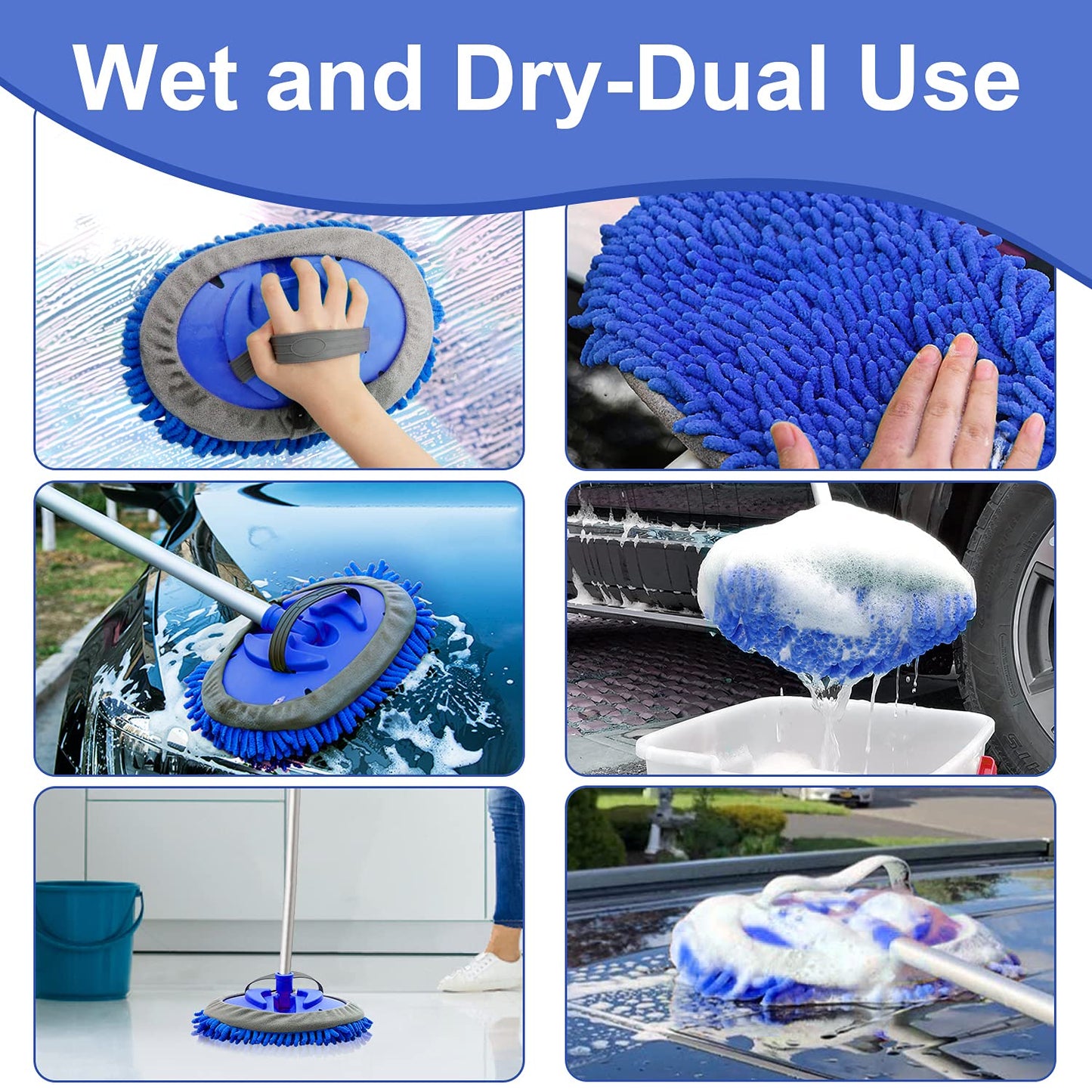 Car Wash Brush 160cm 63'' Car Cleaning Brush Long Handle, Microfibre Extendable Car Wash Mop Mitt Suitable for Washing Cars, SUV, Truck, Caravans and Household (2 x Mop Head), Blue