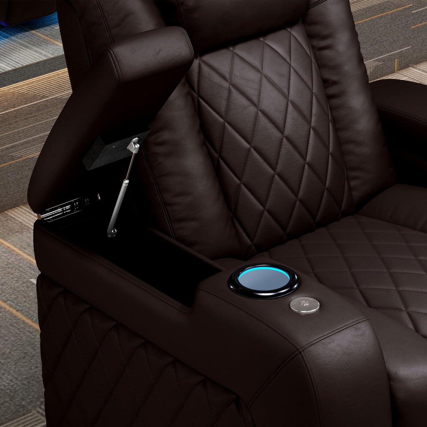 Valencia Home Theater Seating Tuscany 2025 3-Seat Power Recliner with Center Console - Top Grain Nappa 11000 Leather, Cool Gel Memory Foam, USB-C/A Charging, RGB Lights (Dark Chocolate)