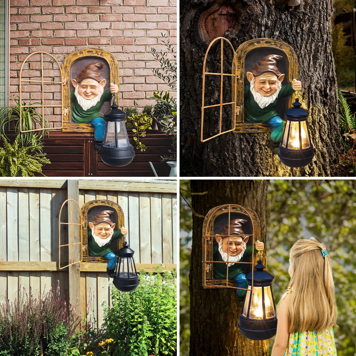 REYISO Whimsical Fairy Garden Gnomes with Solar Lights-10 Elf Out The Door Tree Hugger Garden Statues-Outdoor&Yard Decor-Tree Face Sculpture,Ideal Halloween Gifts - Yard Art for Patio,Fence,Wall