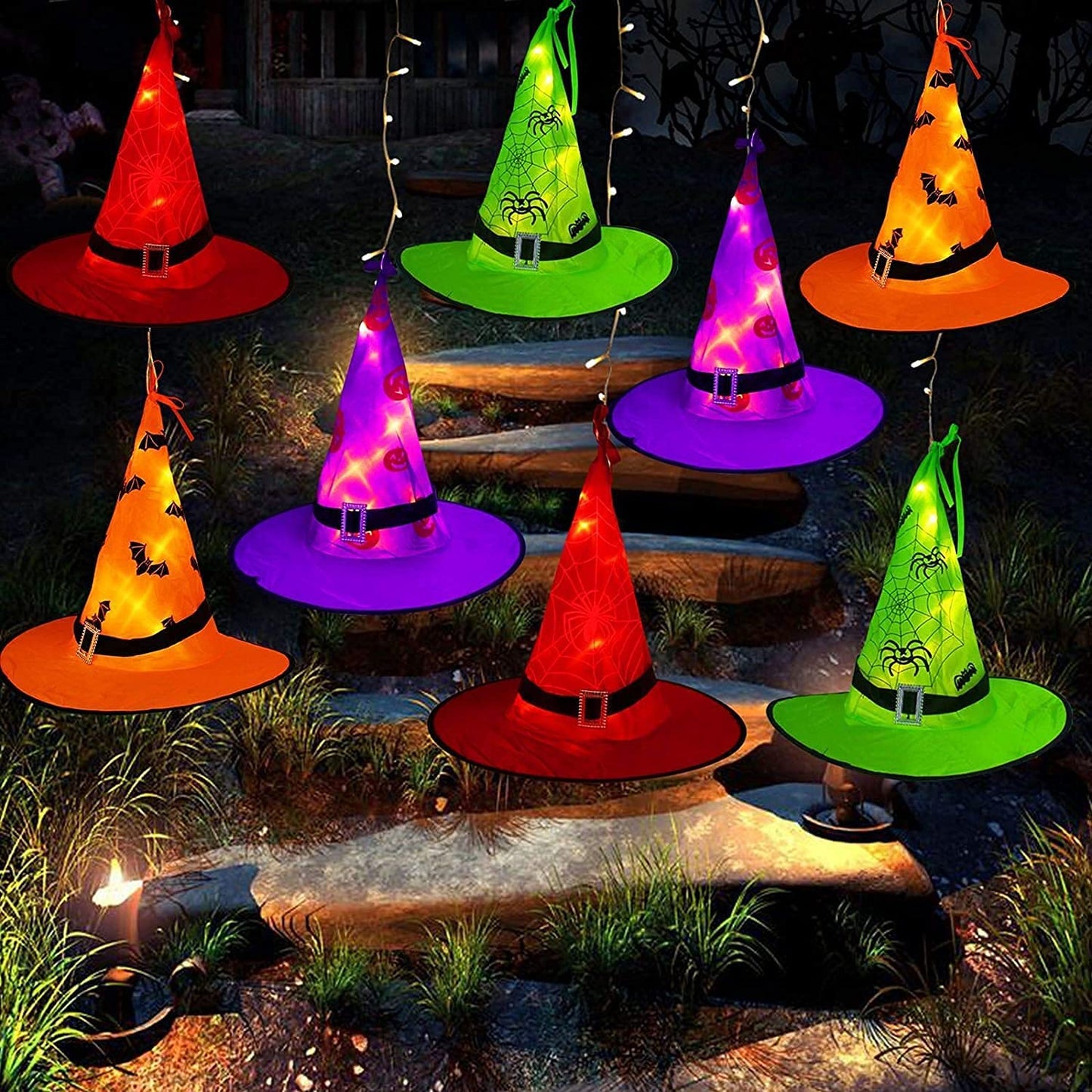 MZD8391 Halloween Decorations Lighted Witch Hats, 8Pcs Hanging Glowing Witch Hats 44ft Halloween Outdoor Lights String with 8 Lighting Modes for Outdoor, Garden, Yard, Tree