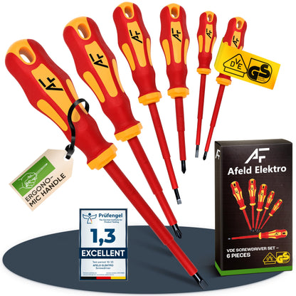 Afeld Elektro VDE Screwdriver Set 6 Pieces: 3x Phillips, 3x Slotted, Insulated, Magnetic Tips, Hex Head