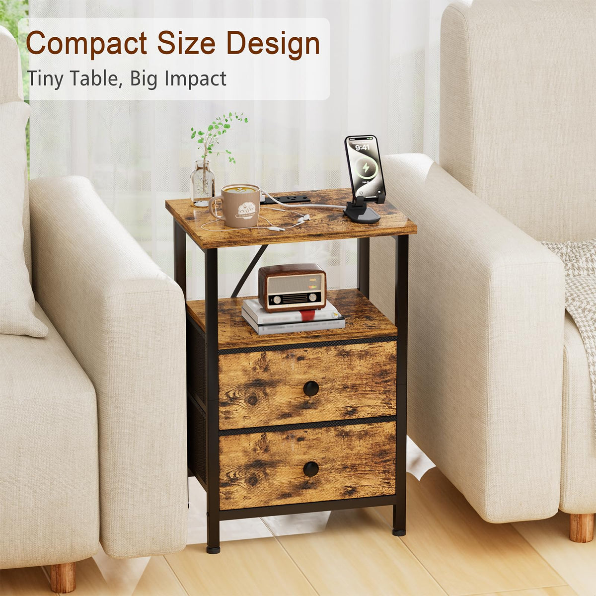 LOAKEKEL Night Stand, Nightstand with Charging Station, Slim Industrial Bedside Table with 2 Fabric Drawers, Small End Table with USB & Type-C Ports for Bedroom, Brown, HETS020BR-1