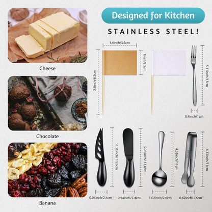 Patelai Charcuterie Board Accessories Cheese Spreader Knife Set Charcuterie Utensils Butter Knife Stainless Steel Mini Serving Tongs Spoons Appetizer Forks for Pastry(Black,18 Pieces)