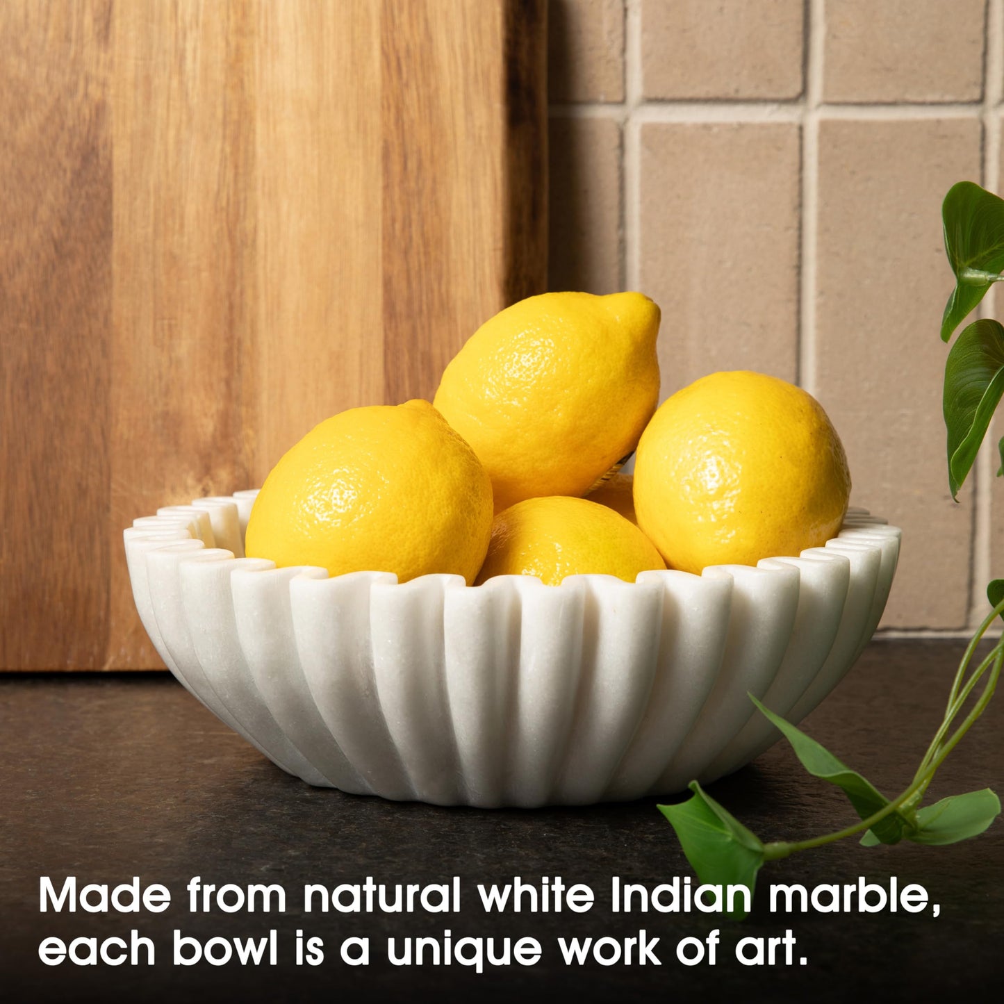 Fluted Marble Bowl Decorative - 10" Ruffle Scalloped Stone Bowl - Large Decorative Bowls for Home Decor, Coffee Table, Entryway, Fruits on Kitchen Counter, Centerpieces, Keys - Handcraffted in India