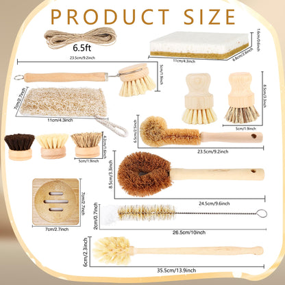 15 Pcs Bamboo Dish Brush Set with 65 Ft Hemp Rope Wooden Palm Pot Brush Sisal Bristles Natural Cup Scrubber Loofah Sponge Draining Tray for Pans, Bottle, Sink Kitchen Cleaning