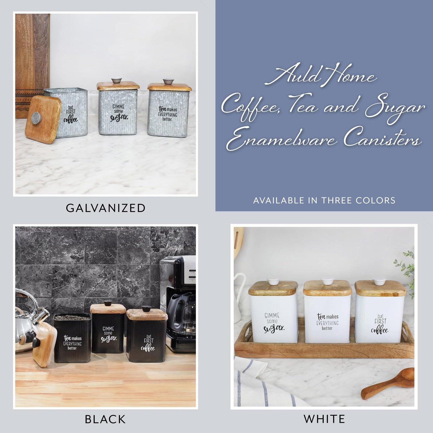 AuldHome Design Farmhouse Galvanized Canisters (Set of 3); Storage Containers for Coffee, Tea and Sugar in Galvanized Iron and Wood Design