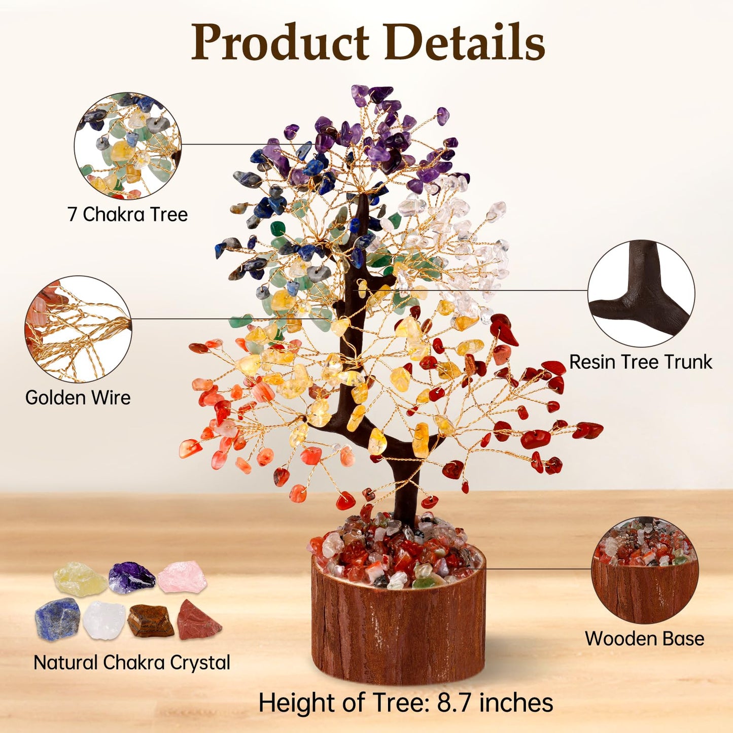 Hazms 7 Chakra Crystal Tree of Life - 8.7 Inches Healing Crystal Tree and 7 Crystals Office and Home Decor Positive Energy Seven Chakra Trees and Healing Stones Spiritual Birthday Gifts for Women