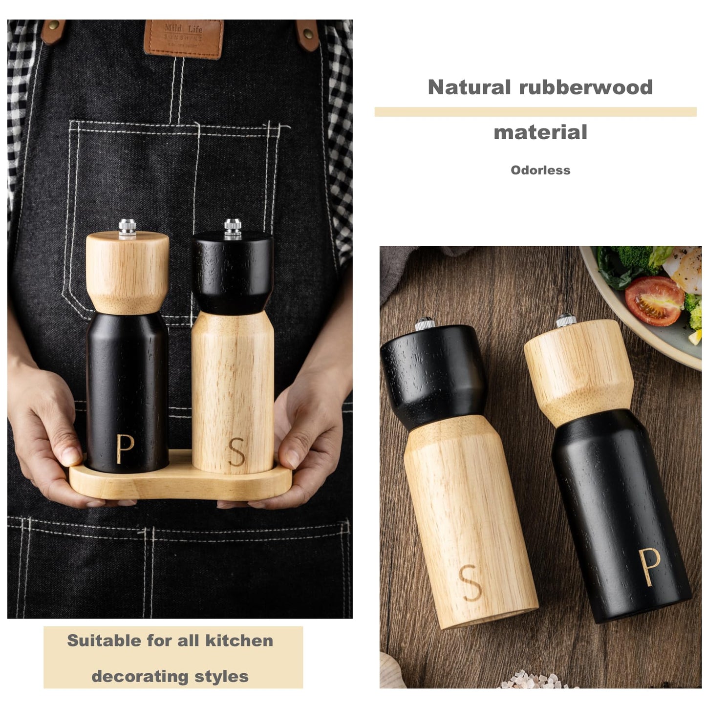 GCFTIFF Wooden Salt and Pepper Grinder Set, Refillable Salt & Pepper Mills Shakers,Manual Pepper Mill Made of Rubber Wood with Adjustable Ceramic Steel Core,with Wooden Stand & Spoon (2pcs 6.5 inches)