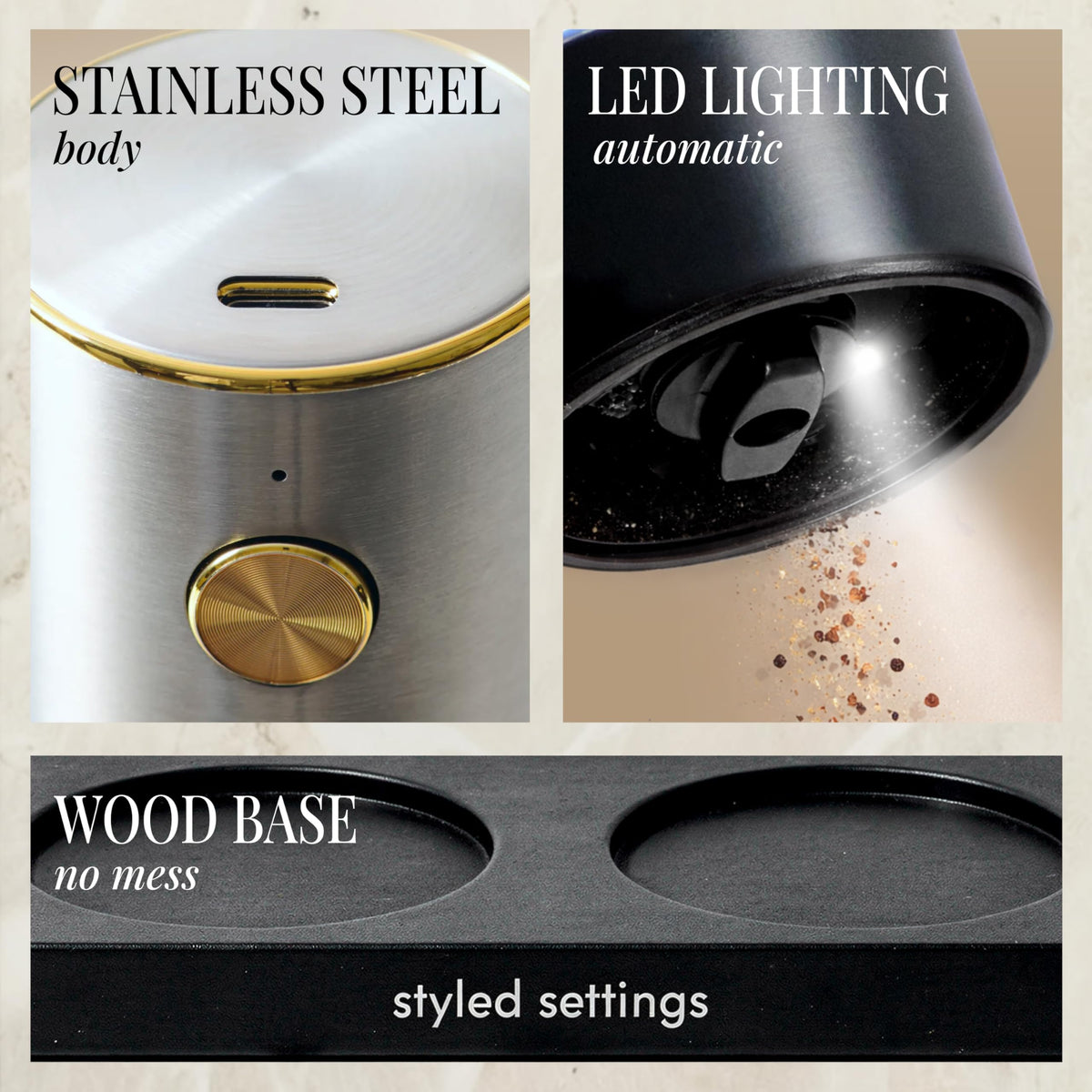 Rechargeable Salt and Pepper Grinder Stainless Steel – Electric Salt and Pepper Shaker Set with USB-C Port, LED Light, Adjustable Coarseness, One Touch Control, Sleek Modern Design