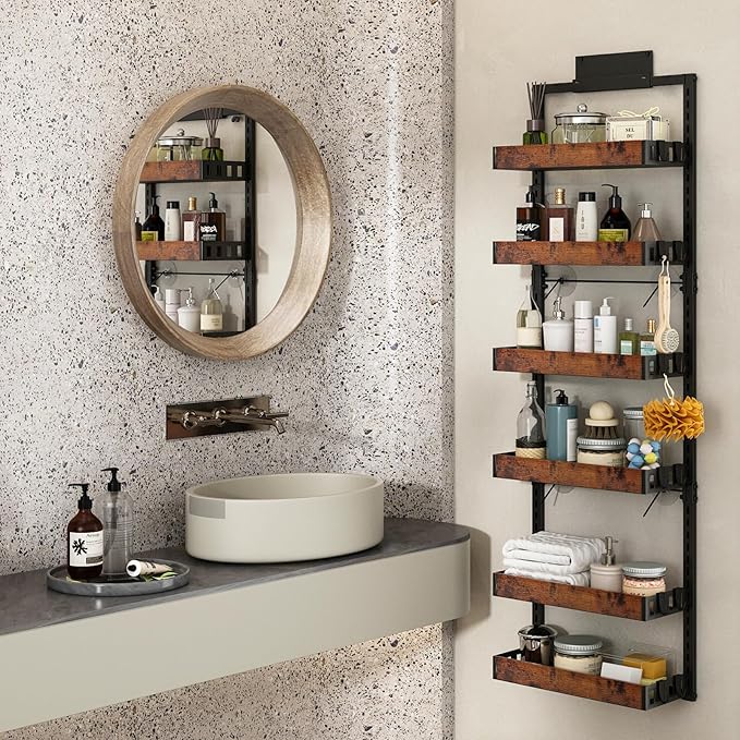 bukfen Over the Door Pantry Organizer, 6-Tier Adjustable Wooden Basket Kitchen