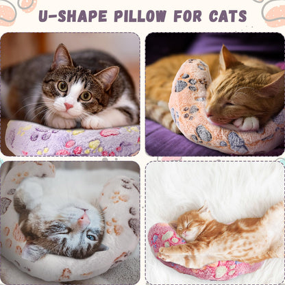 Sweetude 4 Pcs Pillows for Cats Puppy Bed Fluffy Pet Calming Soft Gifts Half Donut U Shaped Pet Neck Pillow Training Joint Relief Cervical Protection(Paw,Medium)