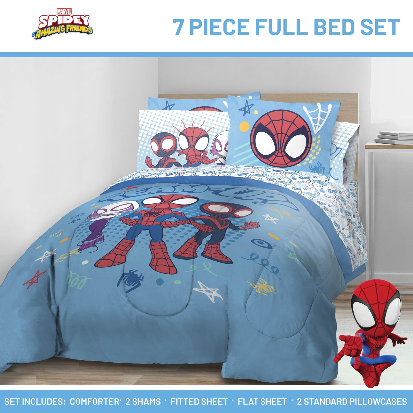 Jay Franco Kids Comforter Set Includes Sheets and Pillow Covers - Soft and Cozy Bed Set for Stylish Room Decor, Light Blue - Spidey & His Amazing Friends, 7 Piece Full Bedding