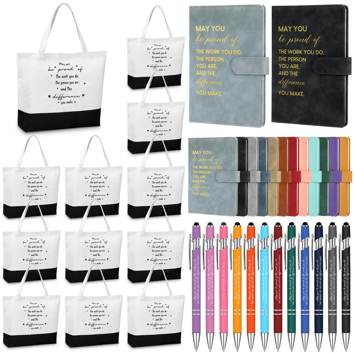 Paterr 12 Sets Employee Appreciation Gifts Bulk, Thank You Team Gifts, Inspirational Leather Notebooks Canvas Tote Bags Ballpoint Pens for Teachers Coworkers Colleagues (Elegant Colors)