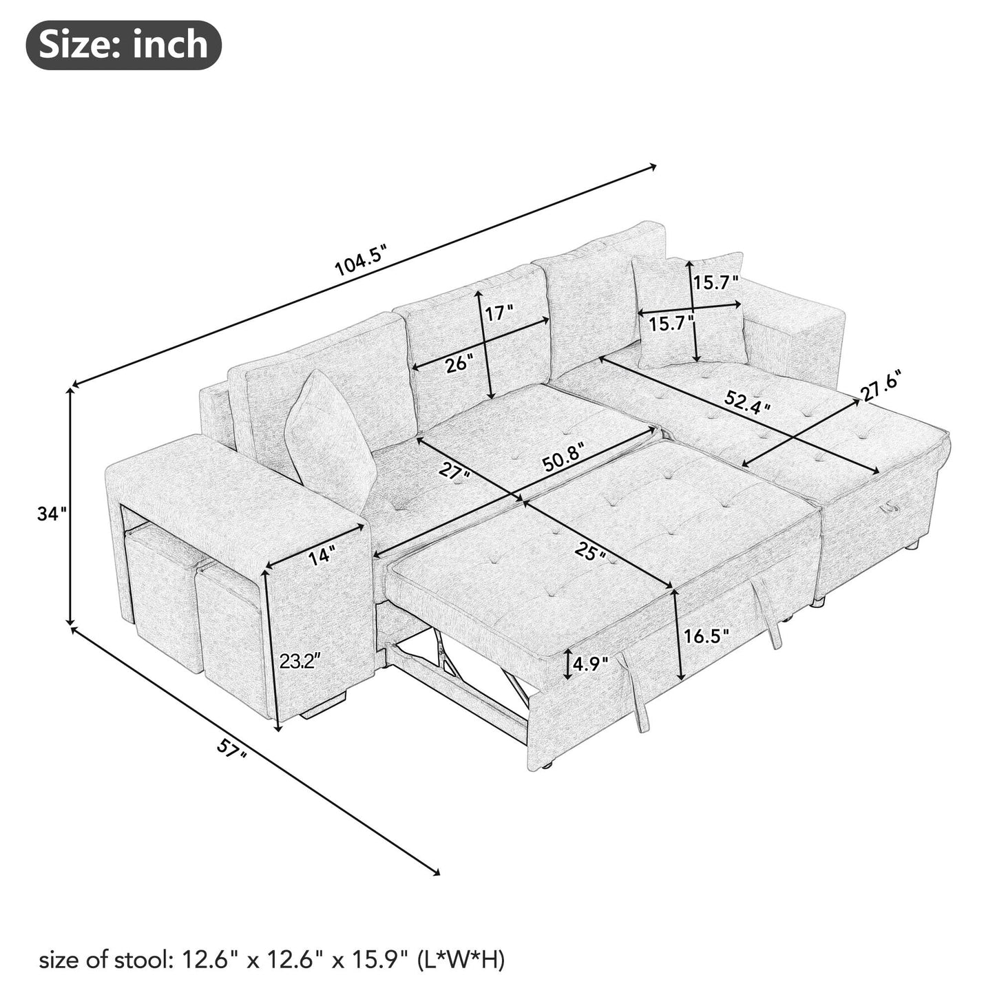 Merax Sleeper Sofa Bed with Reversible Storage Chaise Lounge and 2 Storage Ottoman, L-Shape Couch for Living Room
