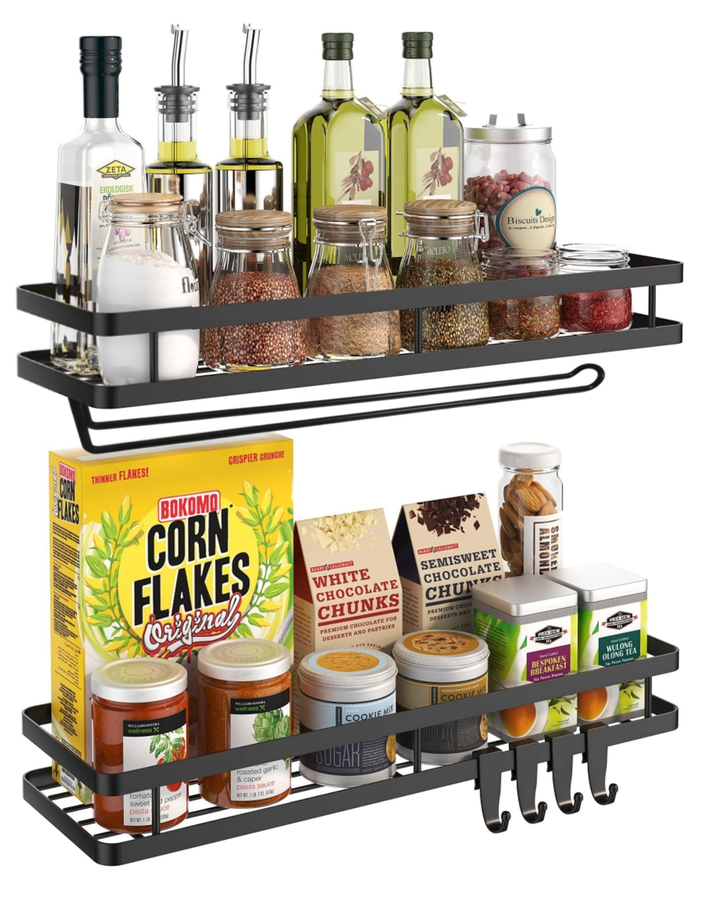 Spice Rack Organizer Wall Mount - 15.7in 2Pack [Upgraded Version] Hanging Seasoning Organizer Shelf with Paper Towel Holder, Storage for Cabinet or Wall Mounted with 4 Strong Hooks (Simple black)