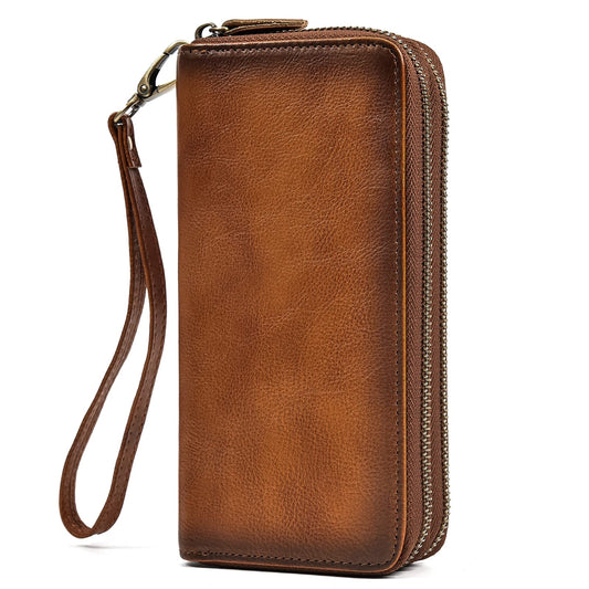 LUUFAN Men's Genuine Leather Clutch Bag Double Zipper Purse 4 Interlayer Zip-Around Wallet (Brown 4)