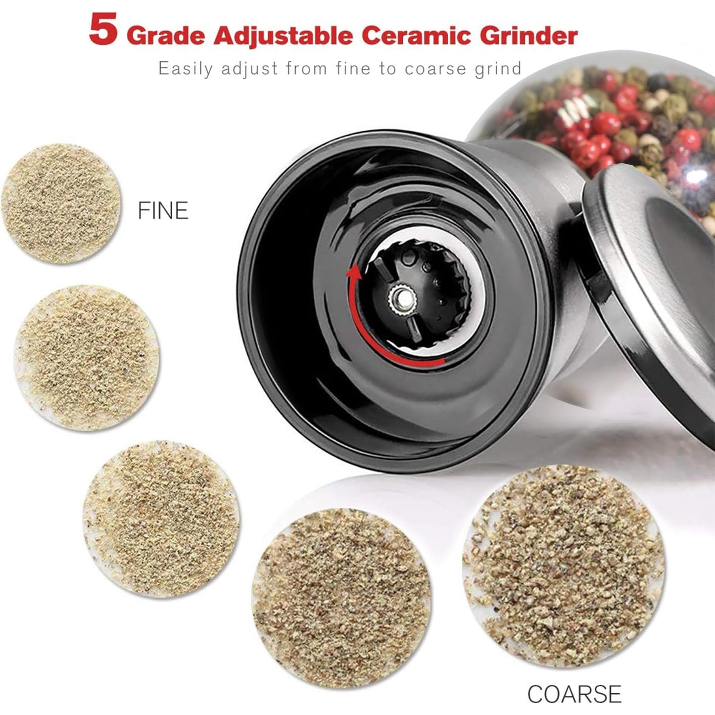 Bonris Stainless Steel Salt and Pepper Grinder Set of 2 - Round Design, Manual Operation, 5-Grade Adjustable Ceramic Coarseness for All Spices