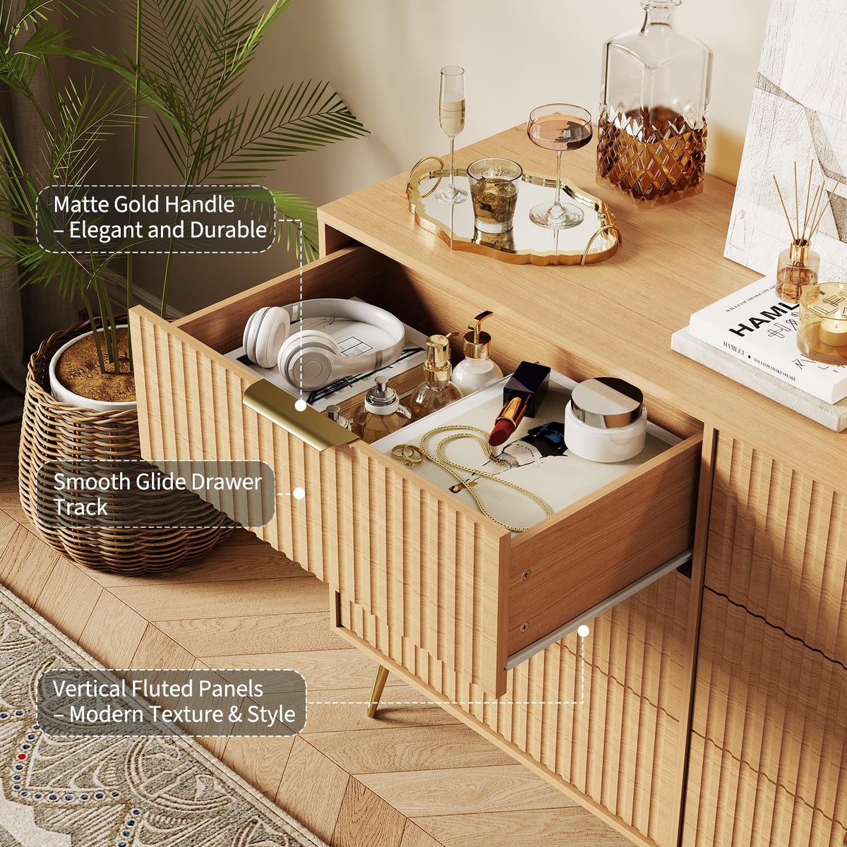 Garvee Fluted Dresser for Bedroom with 6 Drawers,47" Wide Modern Chest of Wooden Bedroom Chest with Metal Handle,Clothes Storage Organizer,Closet Dresser & TV Stand for Living Room,Hallway,6&Natural