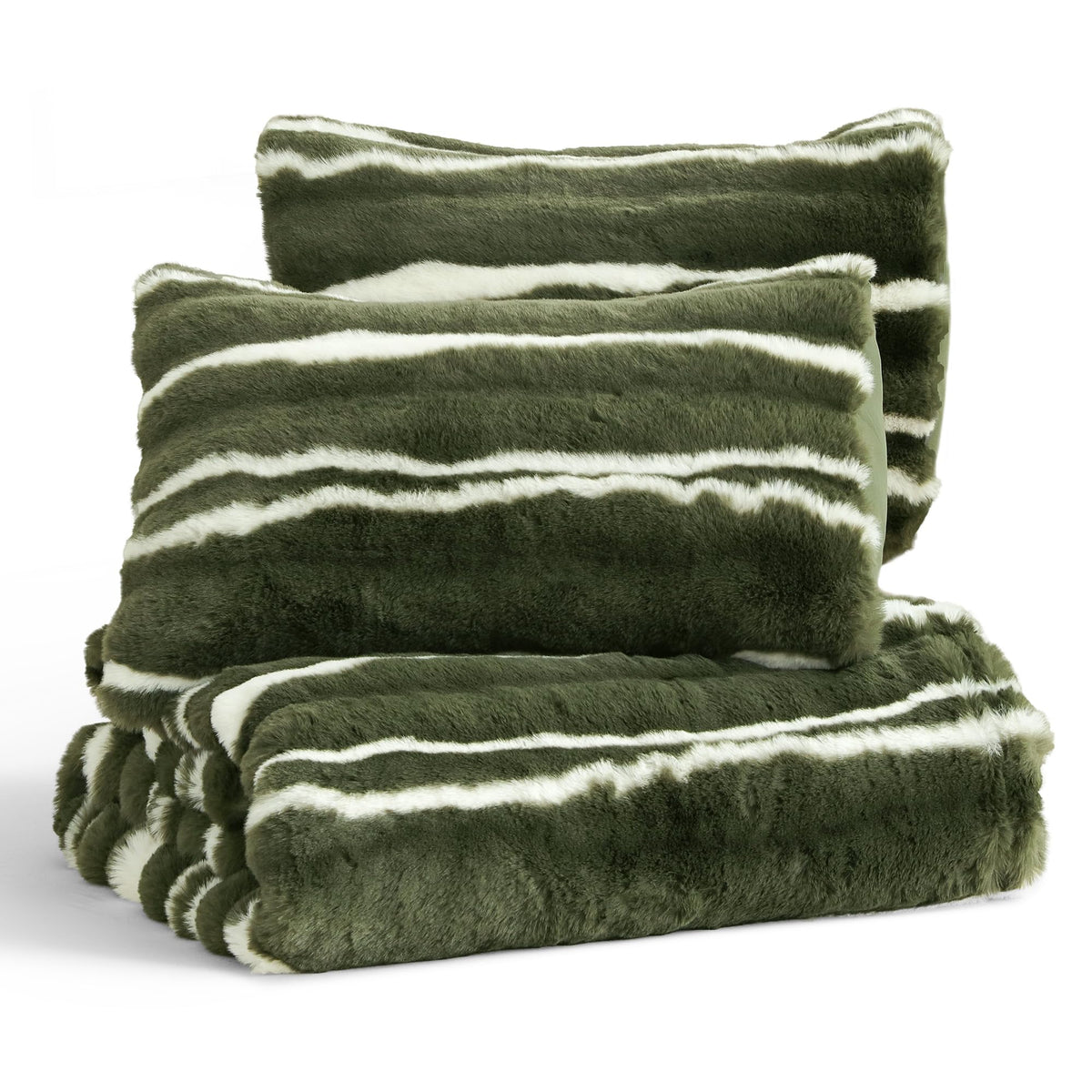Wonderful 3 Pieces Fluffy Faux Rabbit Fur Comforter Set King Size, Dark Green Plush Fuzzy Bedding Set, Animal Stripes Design Warm Soft Comforter Bedding Set for All Season,104"x94"