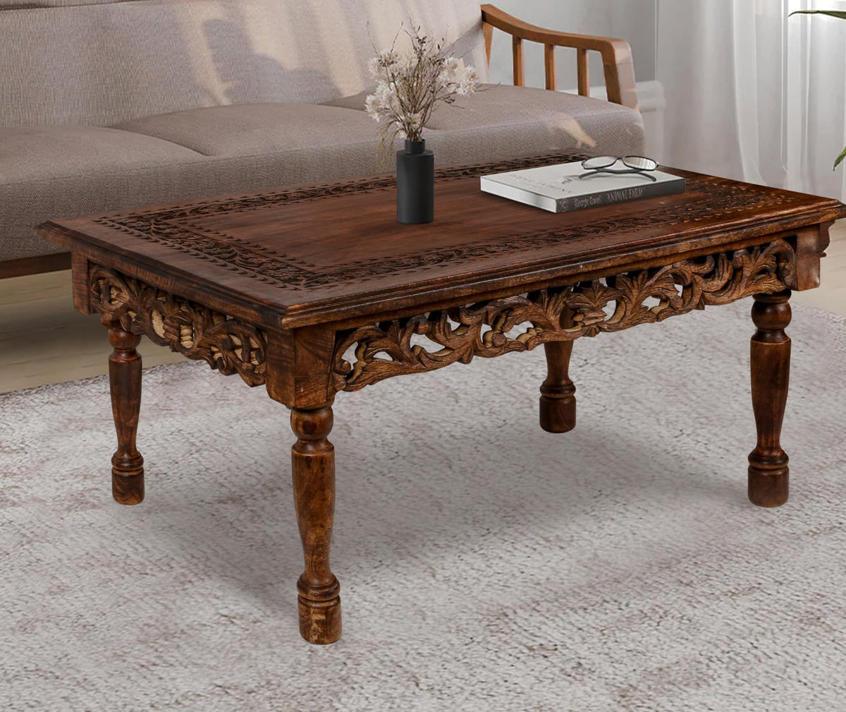 Rectangular Wooden Coffee Table Cutwork Jali Carving, Farmhouse Coffee Table, Rustic Center Table, Mid Century, Rustic and Modern Style Living Room Furniture - 36x24x18 Inch Burnt