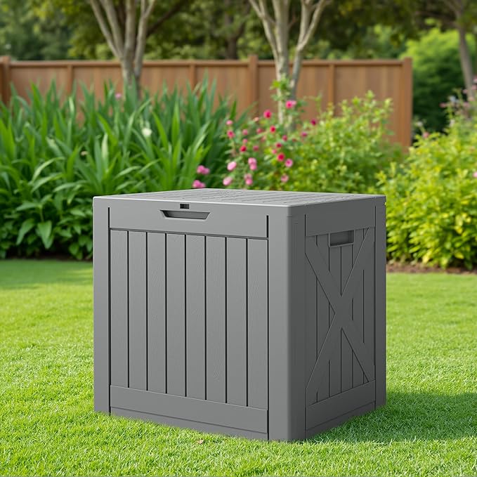 JUMMICO 42 Gallon Deck Box Waterproof, Resin Outdoor Storage Box with Side Handles, Outdoor Storage Benches Lockable for Patio Cushions and Garden Tools (Gray)