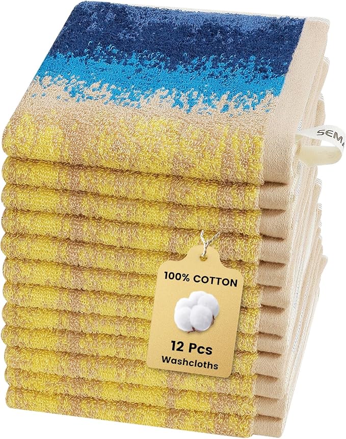 SEMAXE 100% Cotton Washcloths 12-Pack, 13 × 13 Inch Soft Luxury Face Towels –