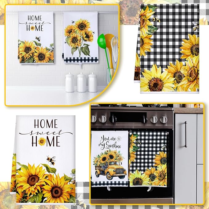 Geyoga 6 Pcs Spring Floral Kitchen Towels Flamingo Dish Hand Towels Sunflower