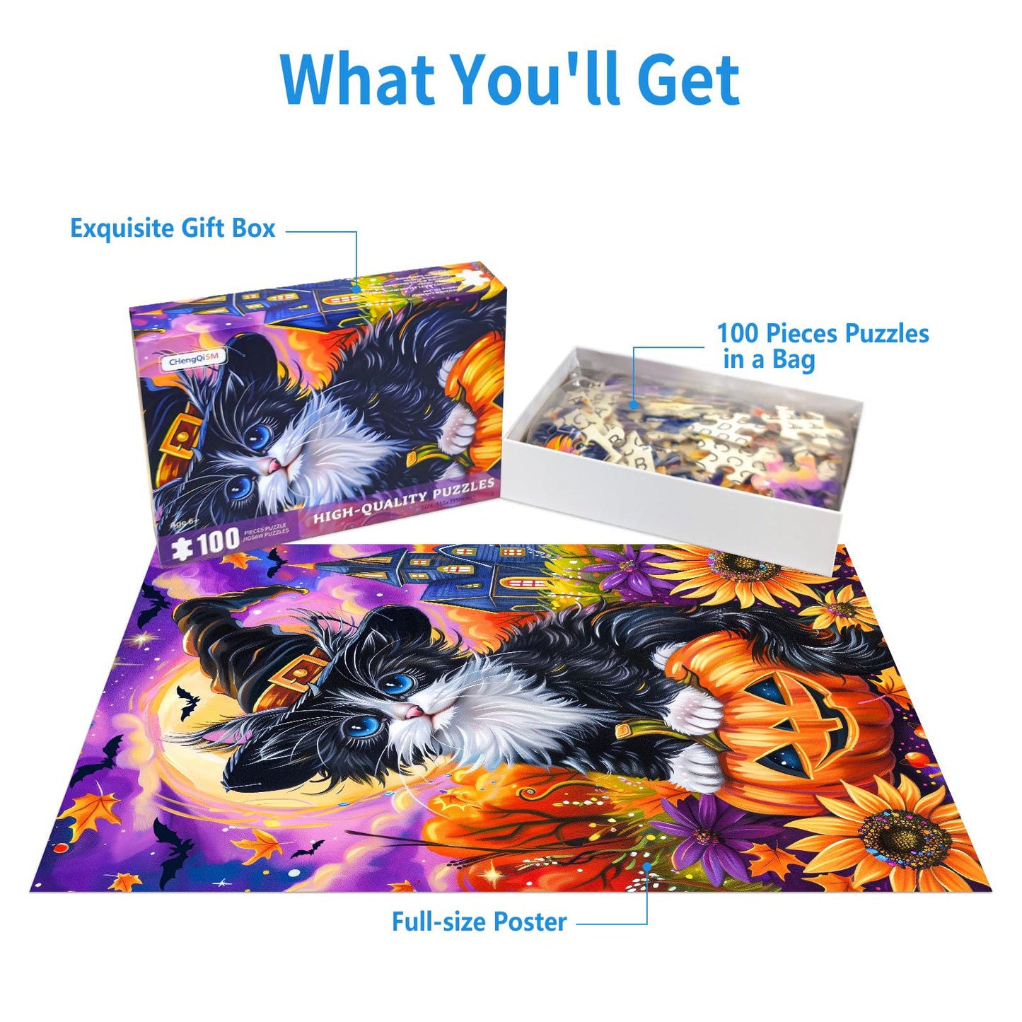 100 Piece Puzzles for Kids, Halloween Cat 100 Piece Puzzles for Adults, Cute Kitten Halloween 100 Pieces Puzzle for Kids Ages 4-8, Jigsaw Puzzle for Seniors Teens Brain Teaser