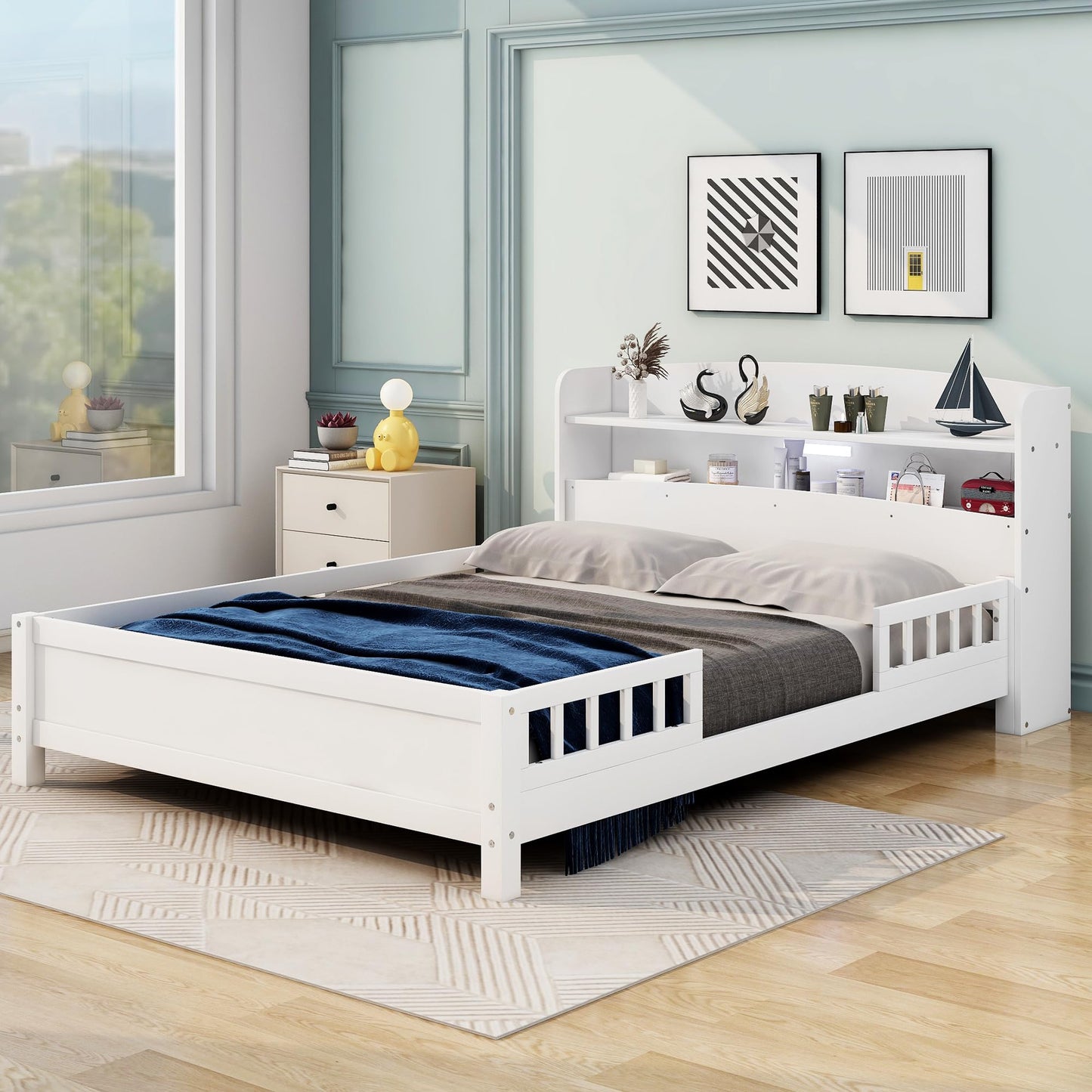 Merax Full Size Bed Frame, Solid Wood Full Platform Bed with Storage Headboard, Built-in Light and Safety Guardrail, Montessori Inspired Bed, No Box Spring Needed, White