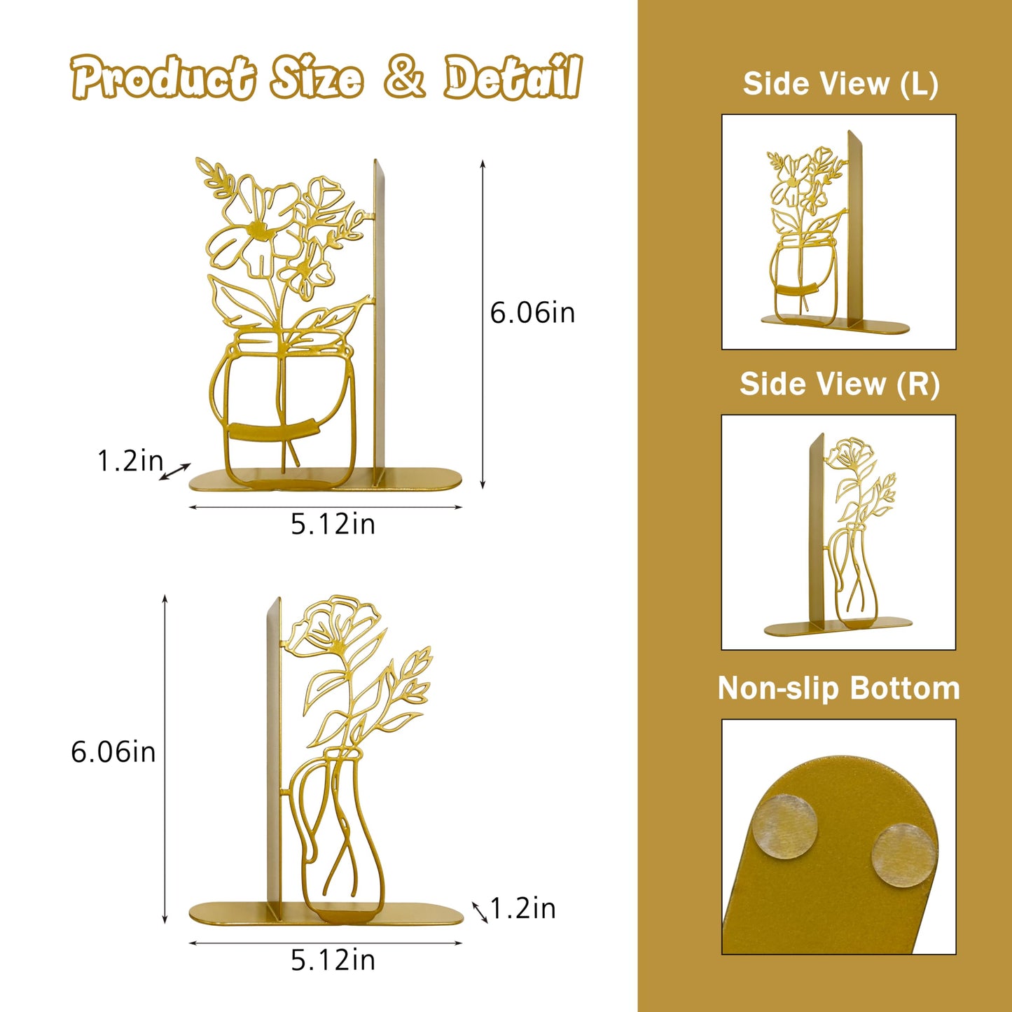 Metal Flower Vase Book Ends, Cute Book Ends for Office Home Decor Decorative Book Ends for Shelves, Ideal Gift for Book Lovers(Gold)