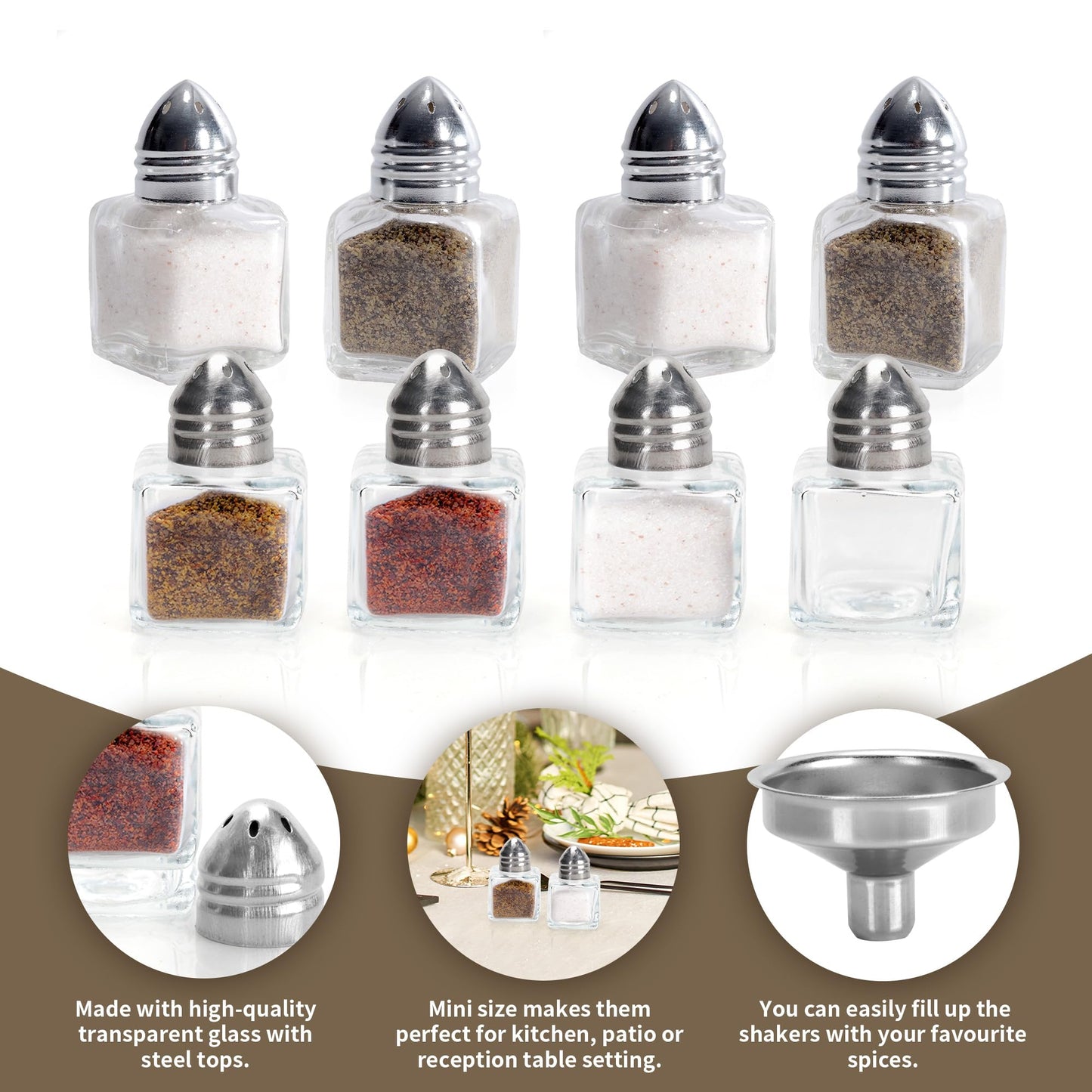 Axigundaone 30 Pcs Mini Salt and Pepper Shakers, 0.5 Oz Small Glass Cube Pepper Shaker with two funnels, Mini Glass Salt Shaker for Household Kitchen
