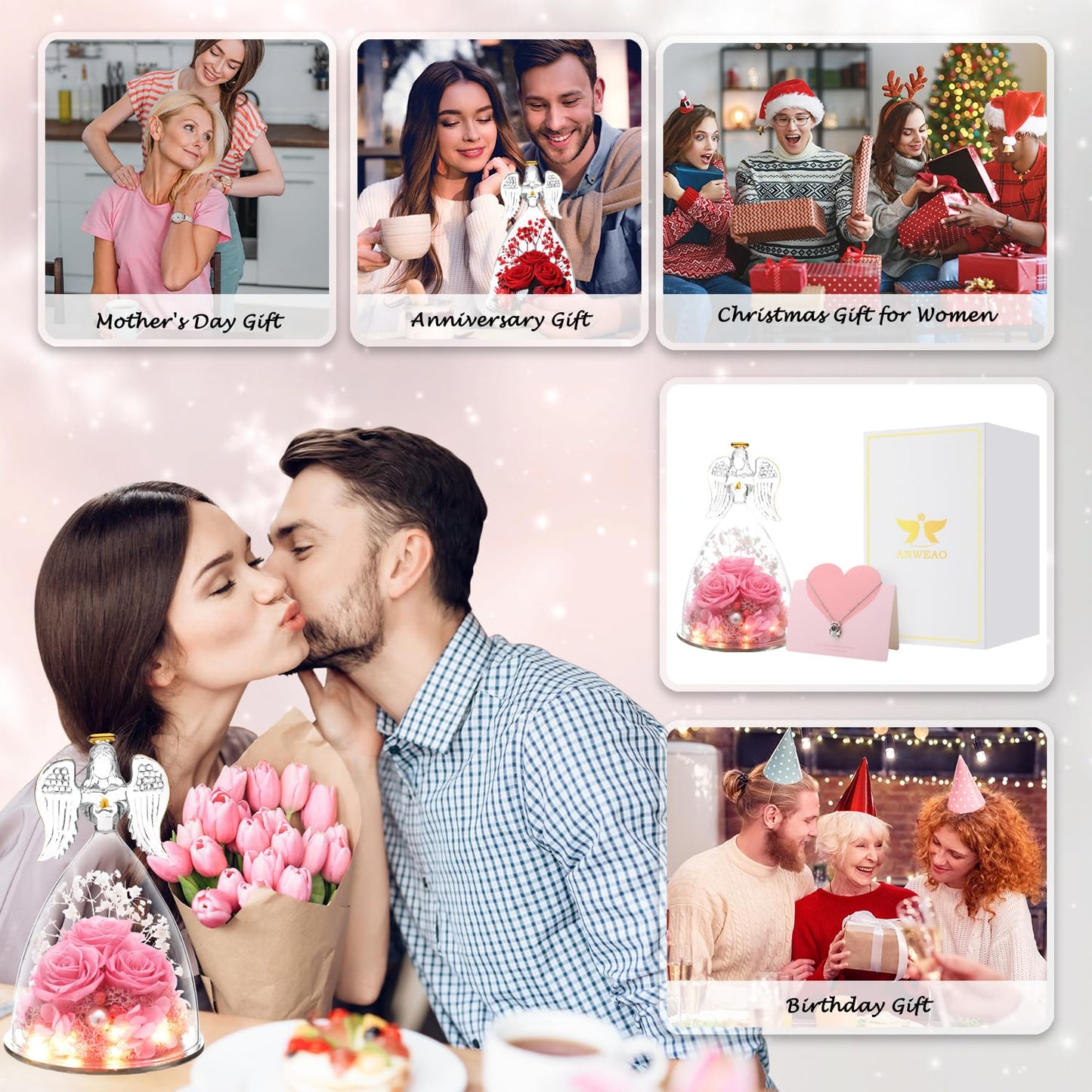 ANWEAO Mothers Day Birthday Gifts for Her Preserved Real Rose in Angel Glass Crystal Angel Figurines,The Best Mothers Day Christmas Anniversary Birthday Gift for Mum Wife (Pink)
